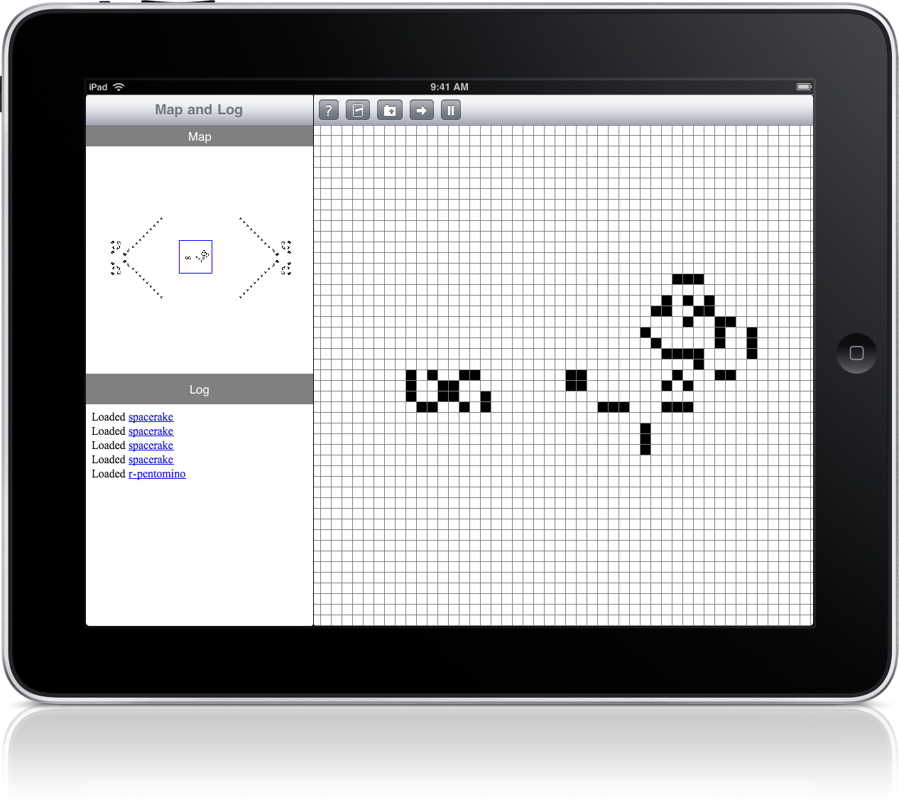 iPad: the map and log panel beside the grid