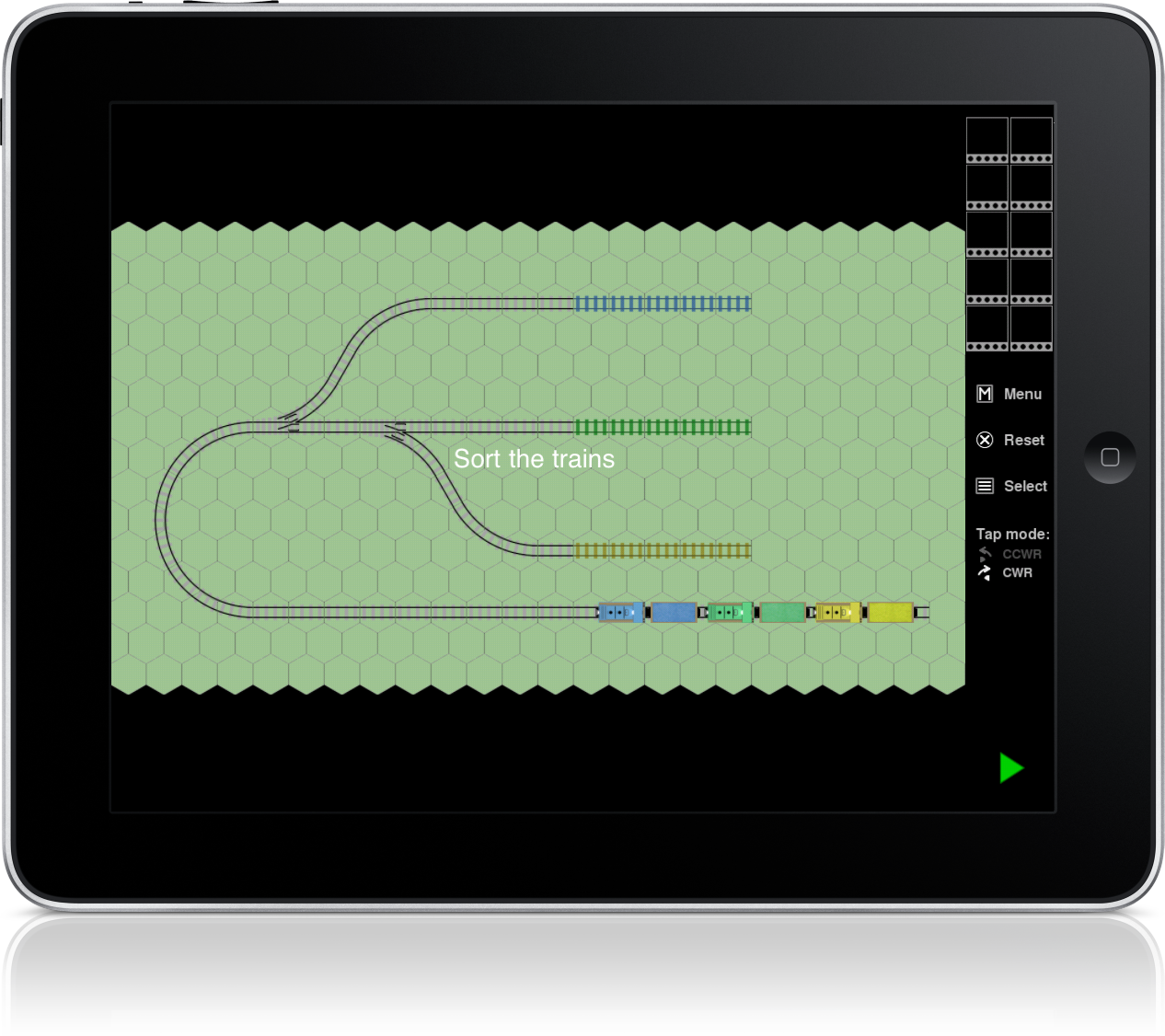 iPad: a sorting puzzle part-built, the parts palette down the right-hand side